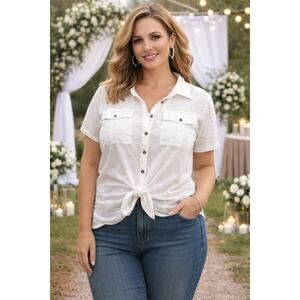 No Boundaries White Tie Front Shirt Womens XXL 19 Button Down Crop Top